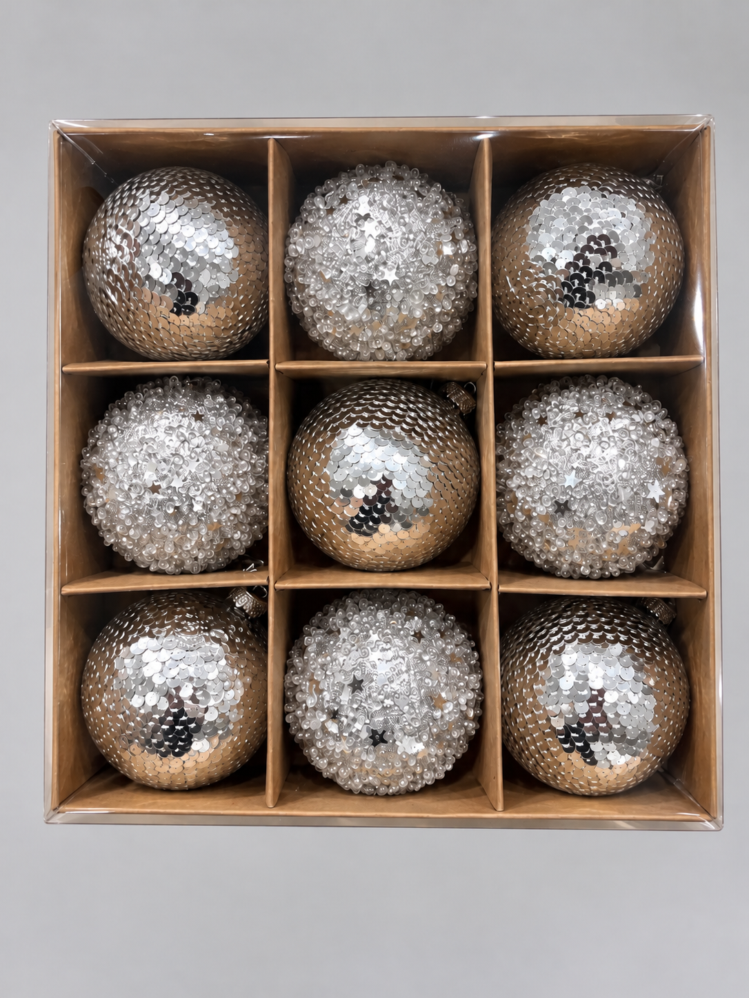 Silver Sequin & Pearl Baubles – Set of 9