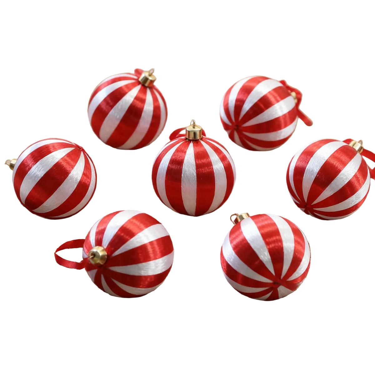 Set of 8 Wrapped Red & White Baubles