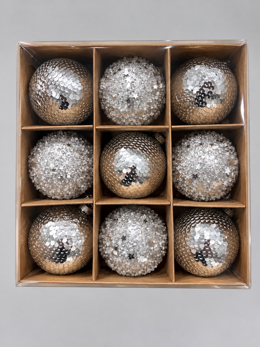 Silver Sequin & Pearl Baubles – Set of 9