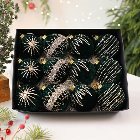 Set of 12 Dark Green Velvet Ornaments