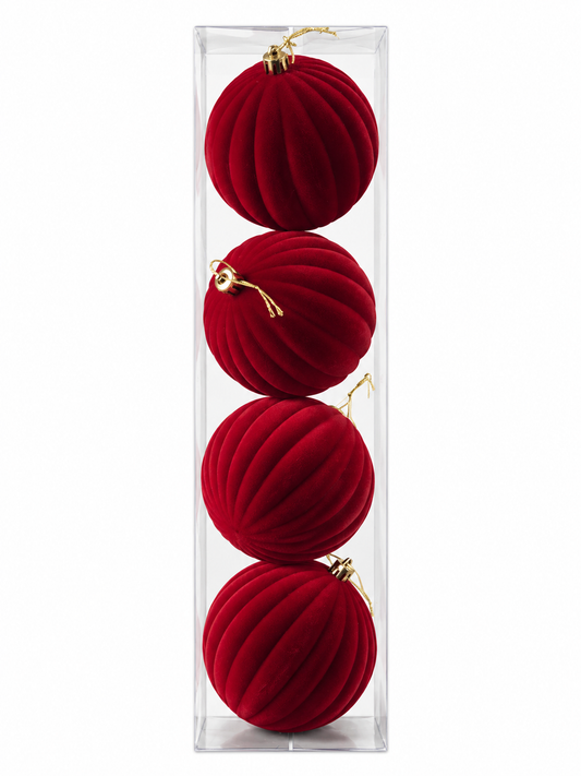 Crimson Velvet Ribbed Baubles – Set of 4