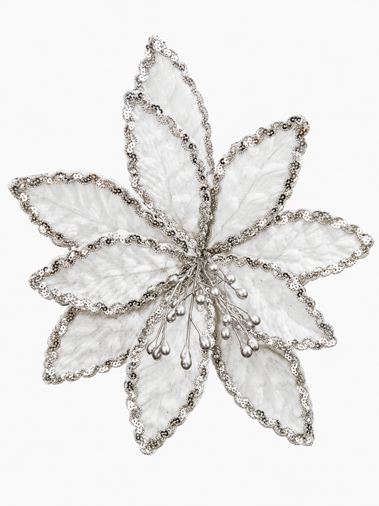 Silver Sequin Poinsettia Stem